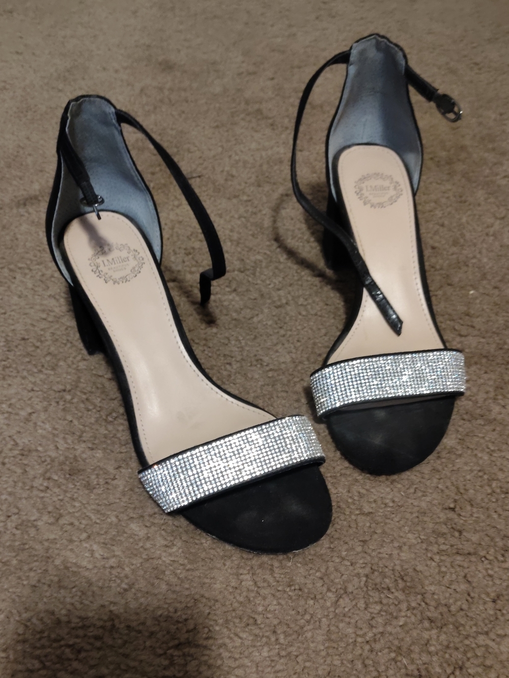 Black Ankle-Strap Block Heels with Rhinestone Toe Band